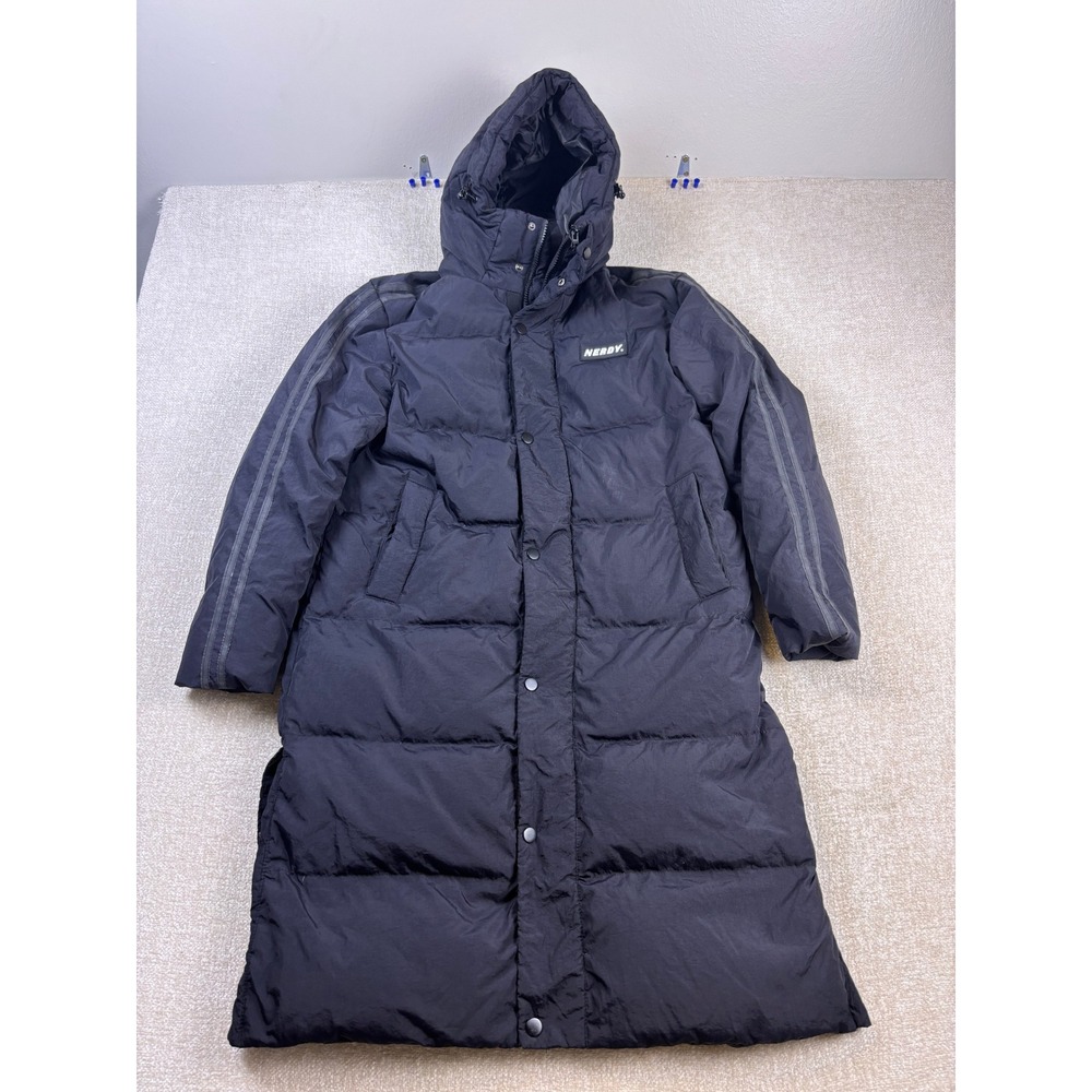 Nerdy Unisex Black Long Down Puffer Coat Hooded Logo Parka Jacket S